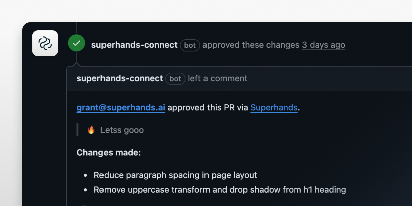 GitHub PR review showing Superhands bot approval with design changes