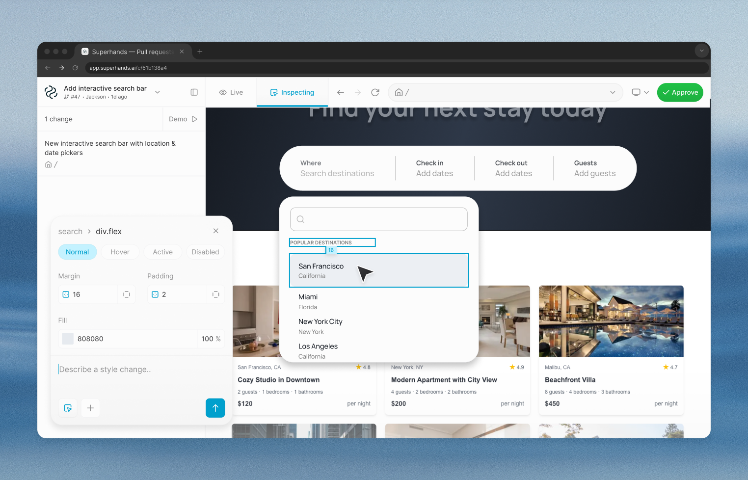 Superhands product interface showing design review workflow