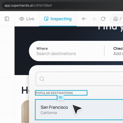Superhands browser inspection interface reviewing a live UI